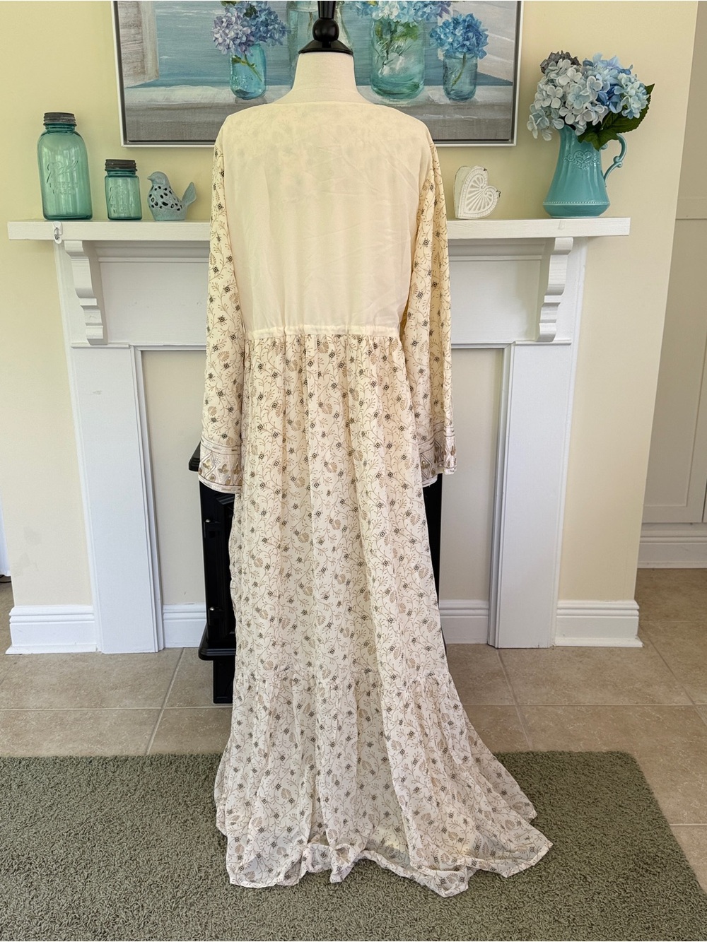 Boho Prairie Maxi Dress Beige Floral XL Gold Sequins NWT - Picture 5 of 15